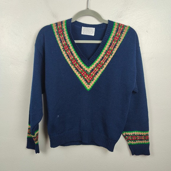 Vintage Pendleton Wool Sweater Womens Small Navy‎ Blue V Neck Fair Isle Trim - Picture 2 of 9